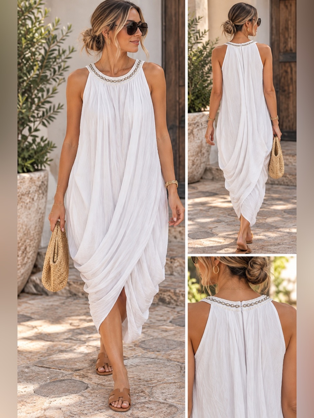 NWOT! Ashro White Beaded Neck Midi Draped Sundress